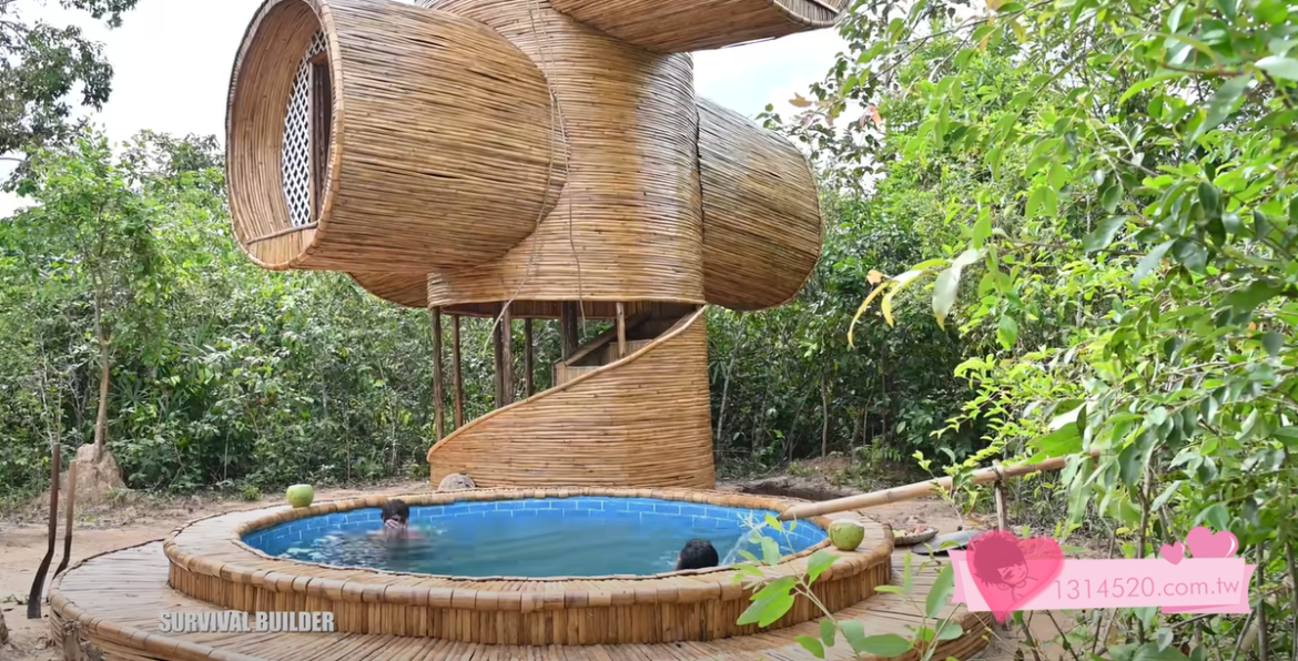 建築工藝-寺廟竹別墅和竹游泳池